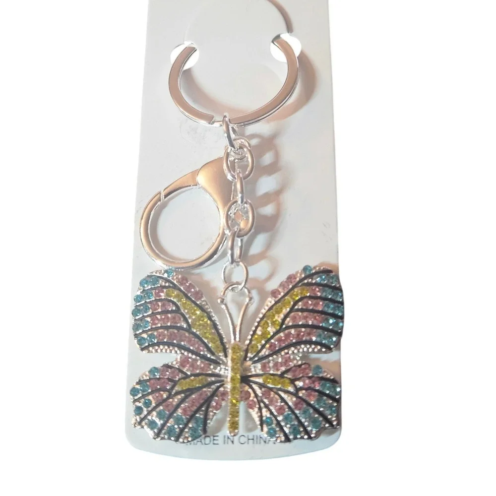 Plero Butterfly‎ Keychain Multi Color Rhinestone Silver Tone Bag Charm NWT